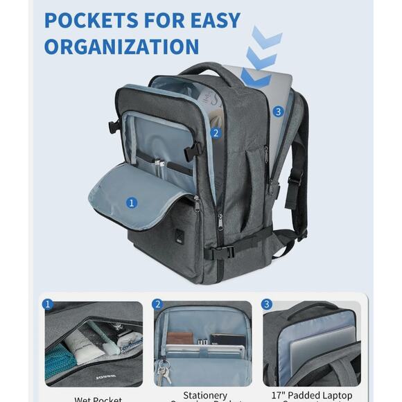 WANDF Black Laptop Backpack & Personal Item Bag 18 x 14 x 8 NEW Travel - Picture 3 of 8